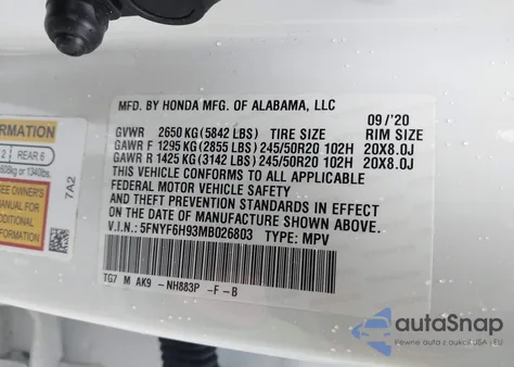 2021 Honda Pilot Touring from USA, damaged, VIN 5FNYF6H93MB026803